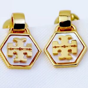 Tory Burch gold + mother of pearl kira logo drop earrings